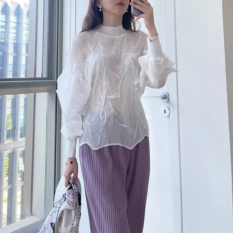 

Folds Pullover White Shirts Women Blouses Spring Autumn Thin Ladies Tops Loose All-match Pleated Top Long Sleeve Fashion Clothes