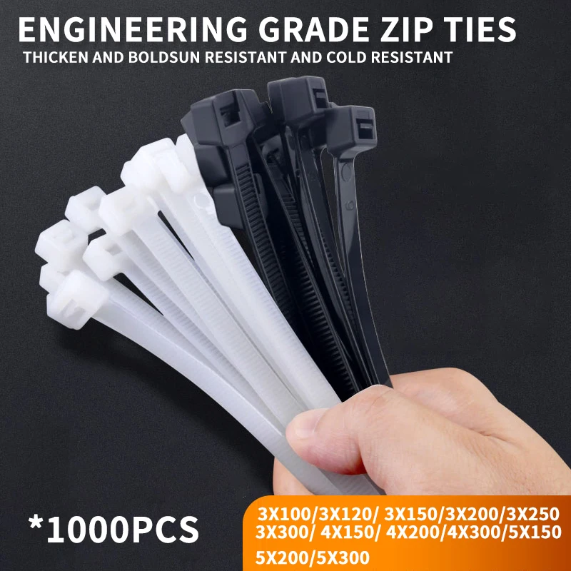 

1000Pcs Black & White Nylon Cable Ties Self-locking Wire Zip Set Kit 3*100 3*150 4*200 Industrial Supply Fasteners Cable Tie