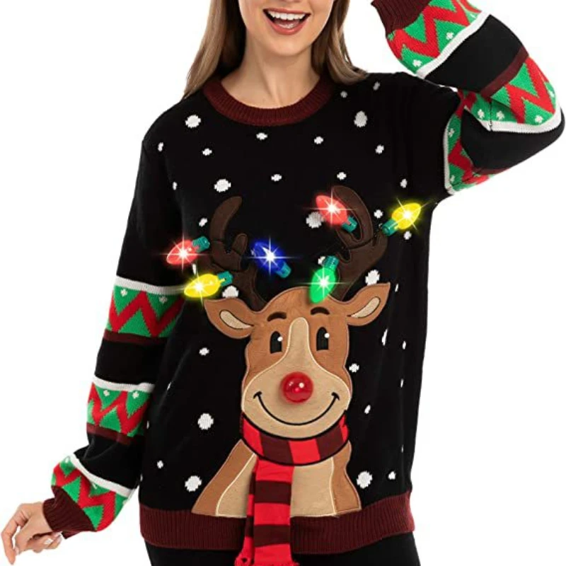 Sweater Women Christmas Deer Knitted Long Sleeve Round Neck Ladies Jumper Winter Autumn Pullover With LED Lamp