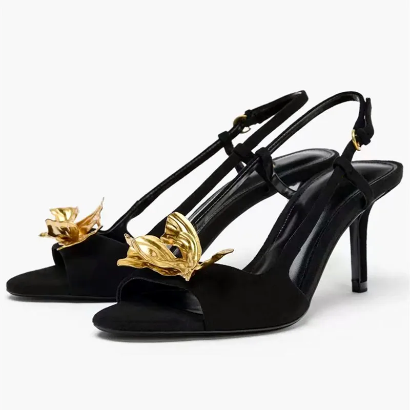 

Женские босоножки на каблуке с золотым цветочным декором, лето 2026, пикантные женские элегантные модельные туфли на тонком высоком каблуке с открытым носком и ремешком на щиколотке