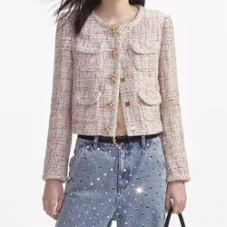 Women's jacket 2024 autumn New in outerwears Sequin blended round neck long sleeved top Fashion button decoration women's coat