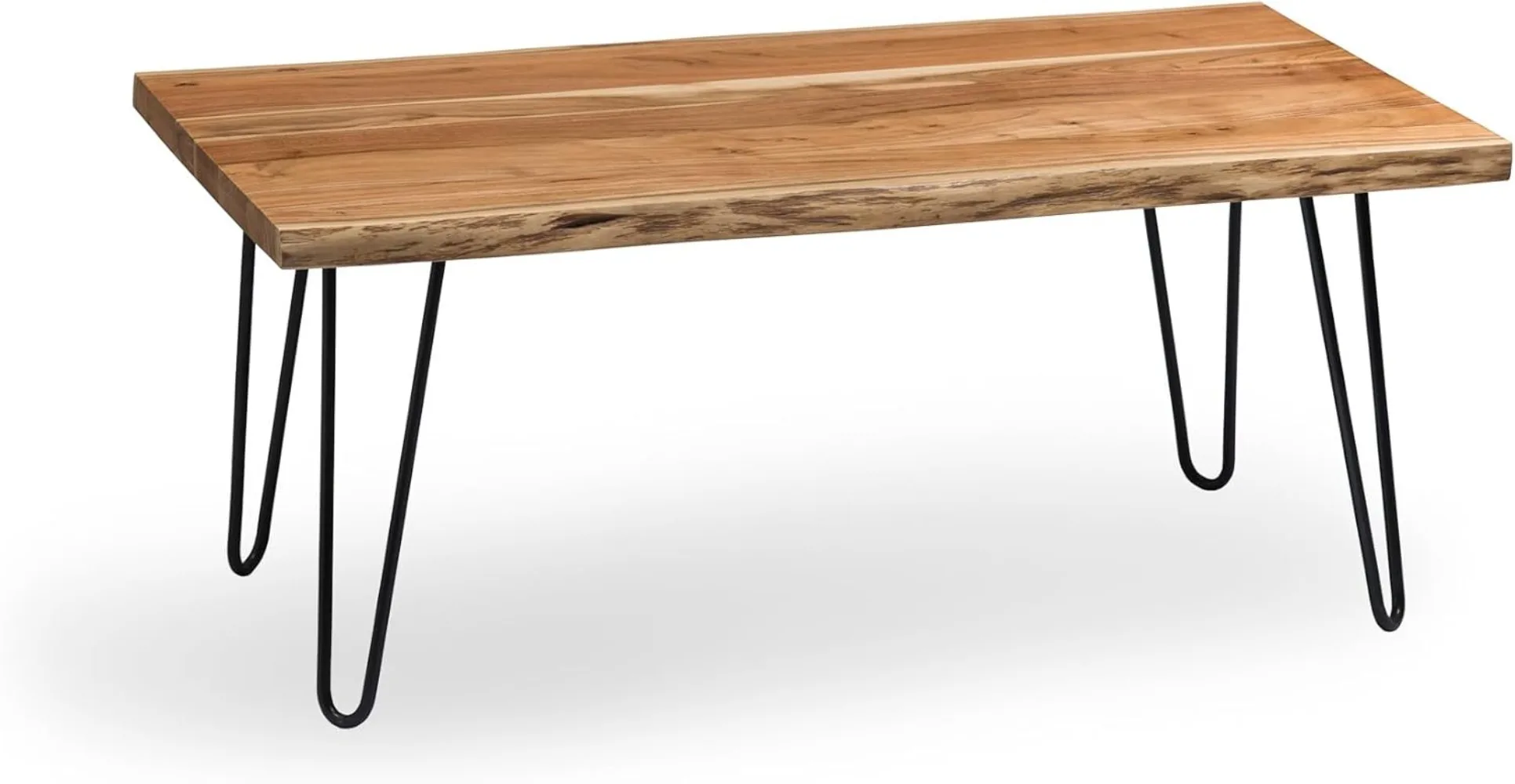 Live Edge 42 in. Coffee Table with Metal Hairpin Legs and Acacia Wood Top, Clear Natural Finish, Modern Industrial