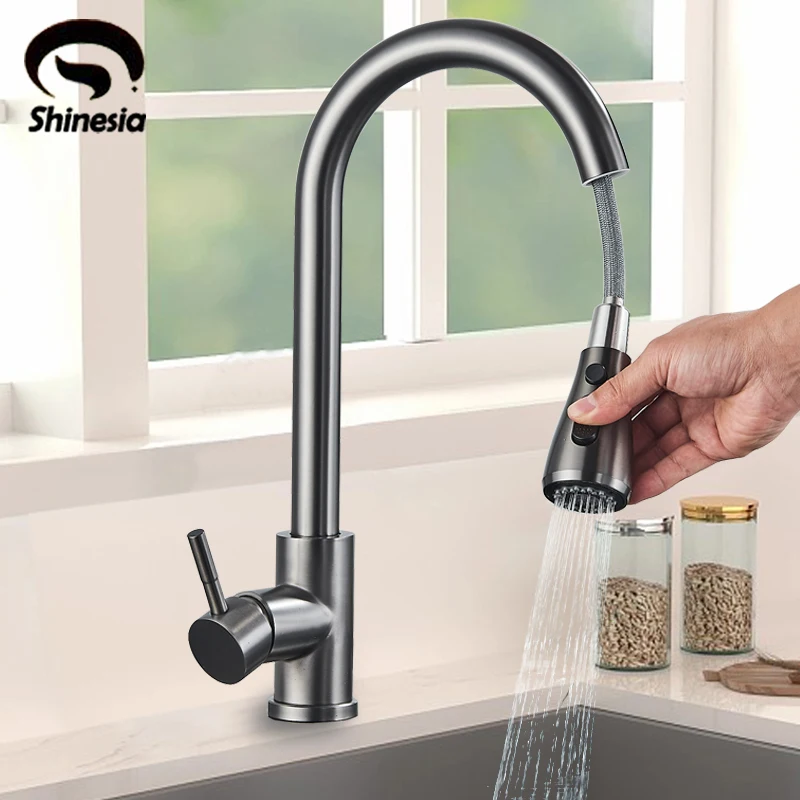 Shinesia Pull Out Gourmet Kitchen Faucets Brass Kitchen Sink Faucet Single Lever Mixer Tap Stream Spray Head Black/White/Gold