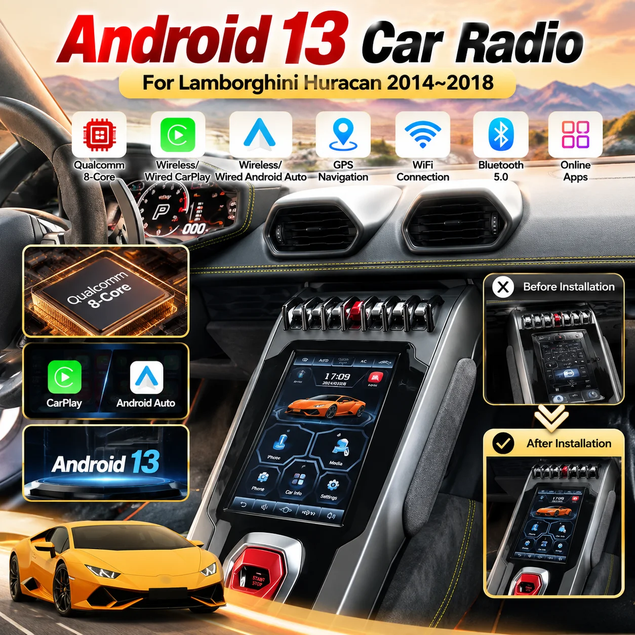 GPS Navigation Qualcomm Android 13 Car Radio For Lamborghini Huracan 2014-2018 Multimedia Stereo Player Head Unit