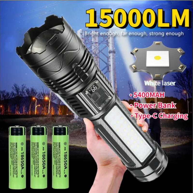 FLSTAR FIRE White Laser Flashlight 9 Modes Power Bank Powerful Telescopic Zoom Torch Rechargeable Home Ooutdoor Camping Lantern