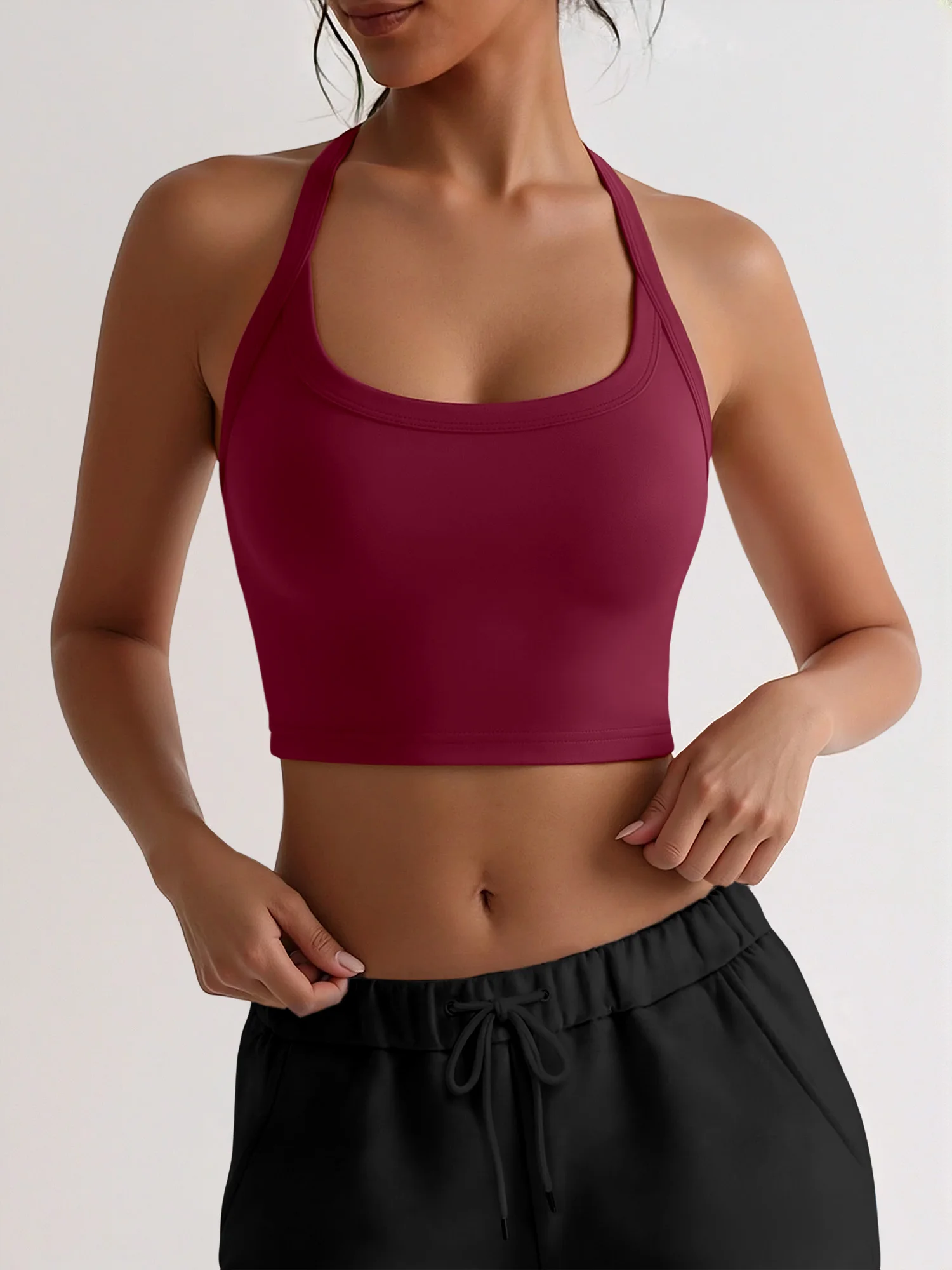 Women's Halter Neck Crop Top 2026 Summer Solid Color Sleeveless Backless Form-Fitting Casual Tops for Yoga & Streetwear