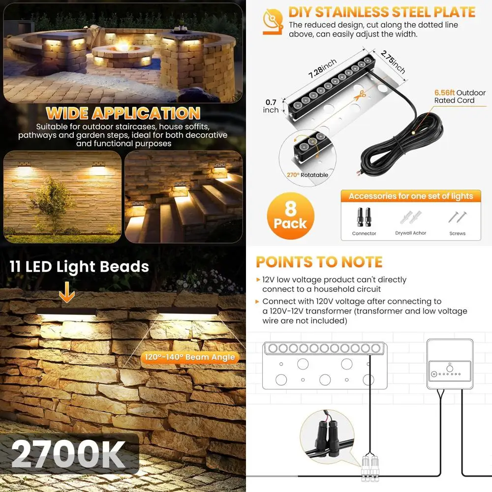 

8-дюймовые стопорные настенные светильники, 5 Вт, светодиодное Hardscape освещение, 2700 К, 12-24 В, низковольтный ступенчатый светильник с датчиком фотоэлемента, IP68, водонепроницаемый