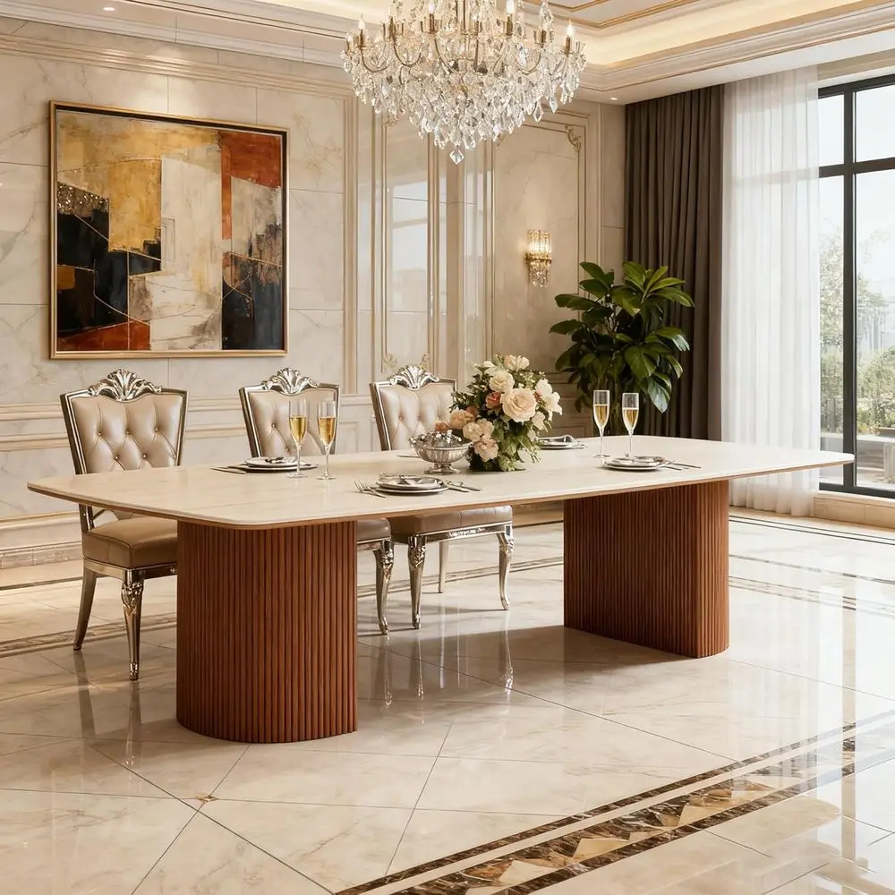 

Роскошный обеденный стол из белого и коричневого травертина с полукруглым основанием в полоску