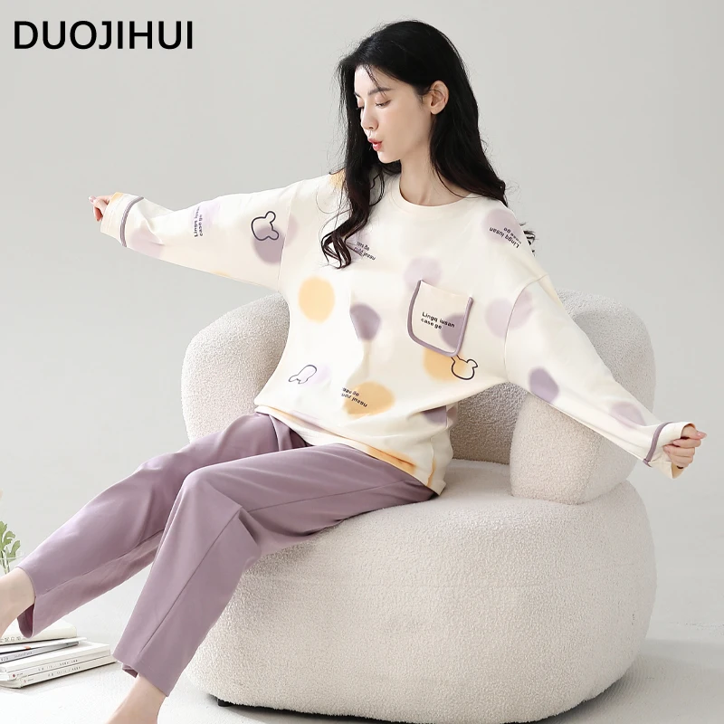 Duojihui-pijamas casuais com bolso para as mulheres, impressão chique, colar redondo, calças soltas, simples, moda, novo