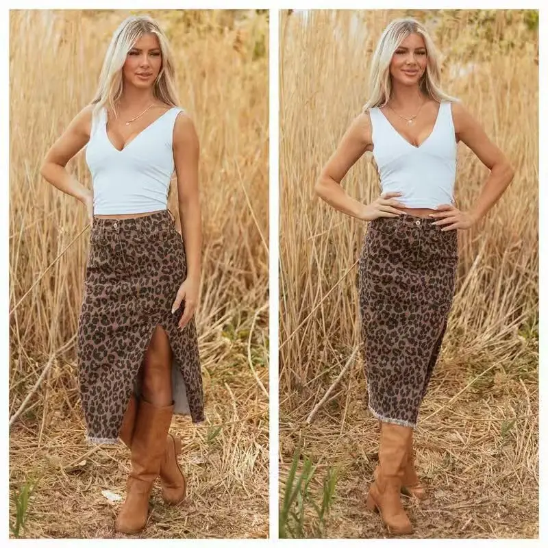 Autumn Winter Leopard High Waist Slim Straight Split Midi Skirt Women's