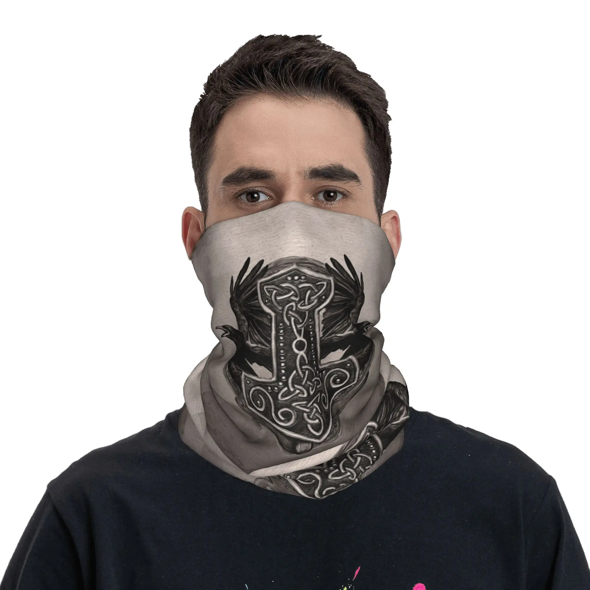 

Viking Mjolnir The hammer of Thor and ravens Bandana Neck Gaiter Printed Wrap Mask Scarf Cycling Scarf Hiking Fishing Unisex