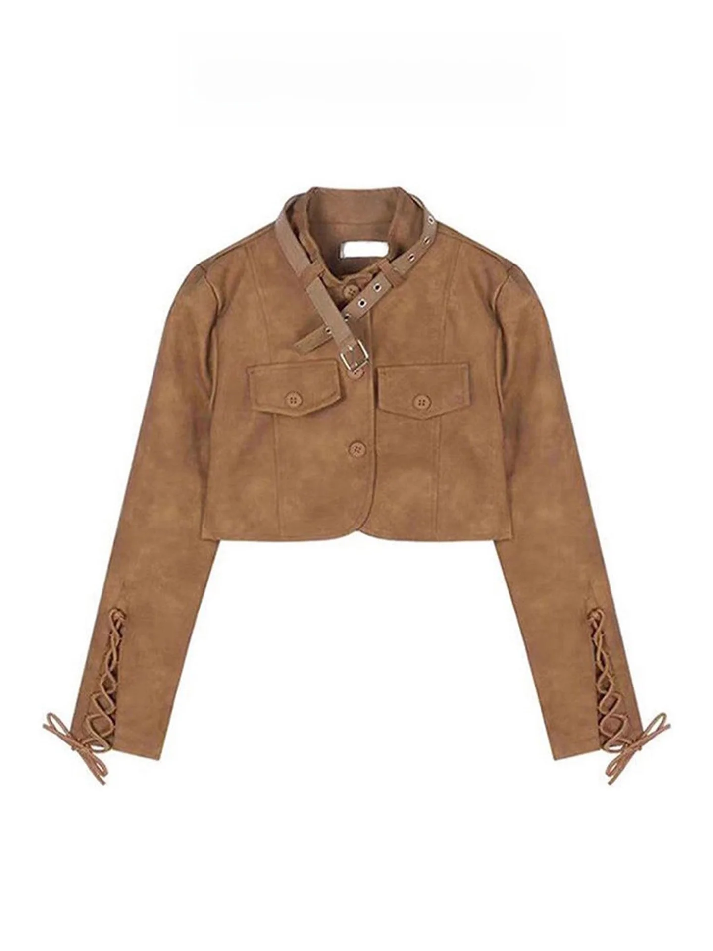 레트로 브라운 PU 가죽 자켓 여성용 모터사이클 스타일 아우터웨어 스파이시 걸 디자인 센세이션 2025 가을 신상품