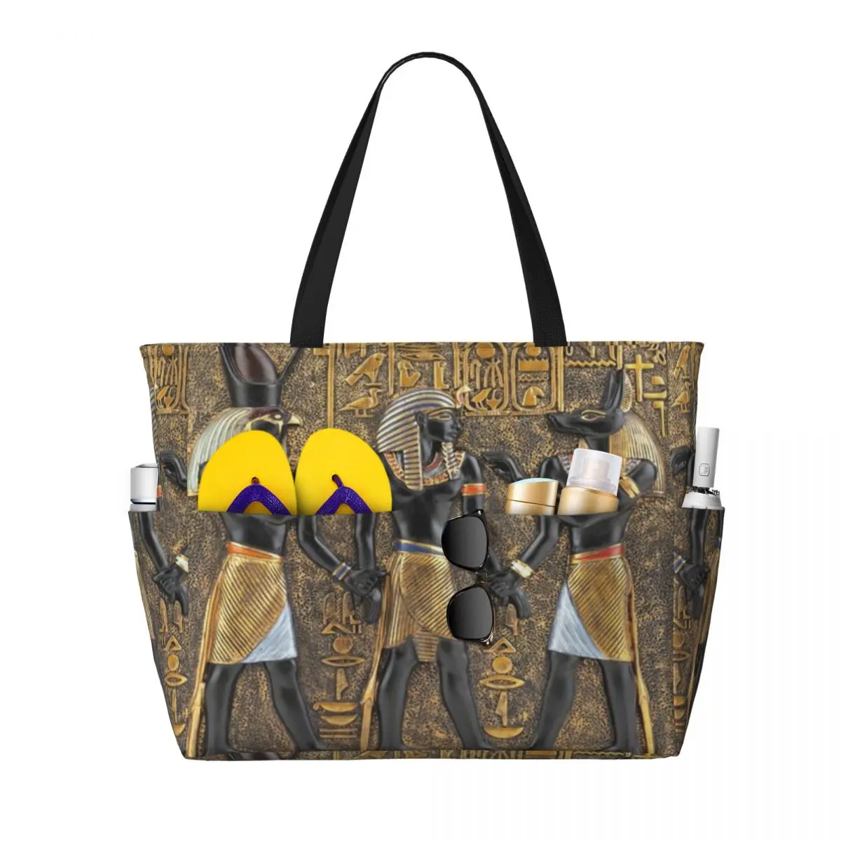 Custom Ancient Egypt God Horus And Anubis Beach Tote Bag for Women Egyptian Hieroglyphs Large Compartment Gym Beach Travel Bags