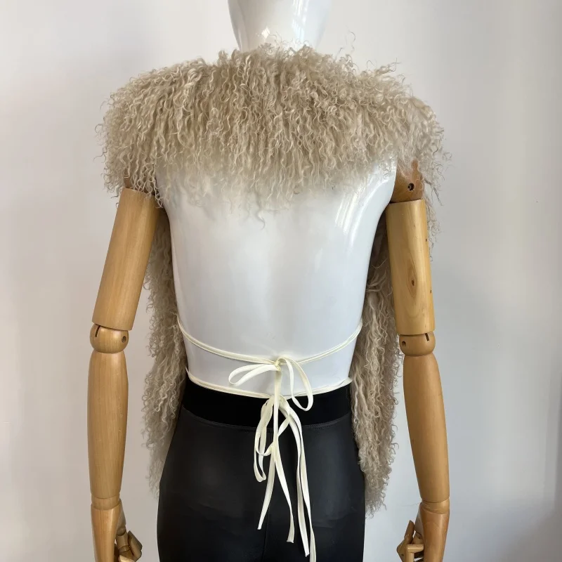 BEIZIRU Women's Fluffy Luxury Real Mongolian Fur Halter Vest Sleeveless Deep V-Neck Solid Top Outerwear