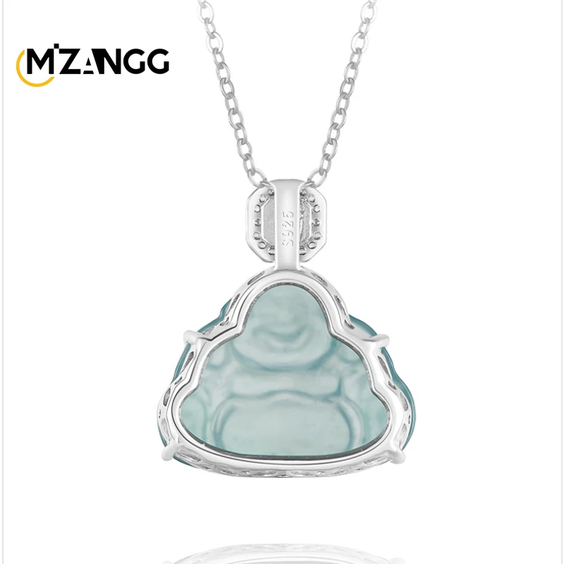 Natural A Goods Jadeite Blue Water Buddha Gong 925Silver Ice Pendant Exquisite Luxury Women's Necklace Lucky Amulet Holiday Gift