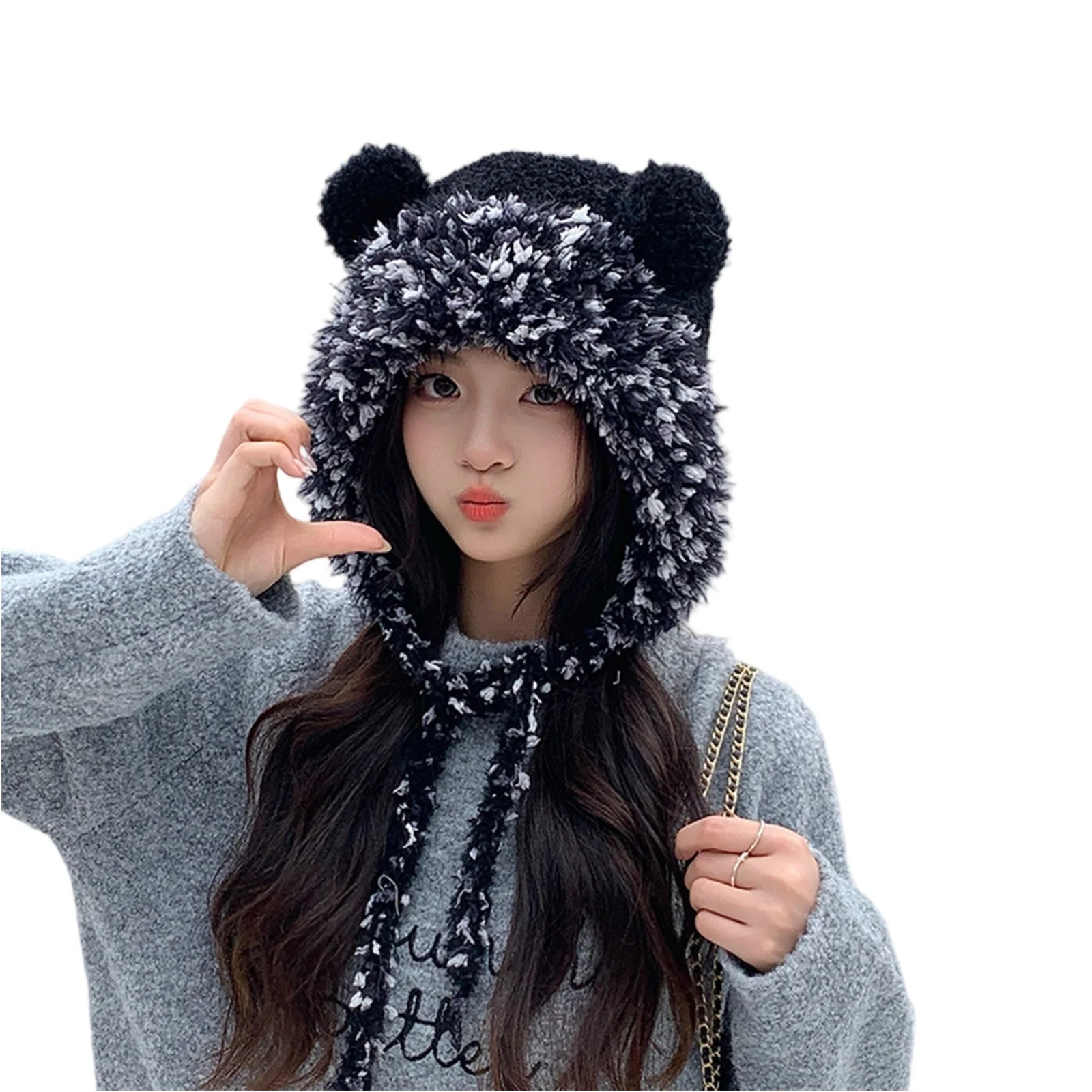 

Милая женская зимняя теплая плюшевая шапка, утолщенная шапка с милым медведем для косплея, уличная защита ушей, теплая шерстяная защитная шапка, шляпа 2025