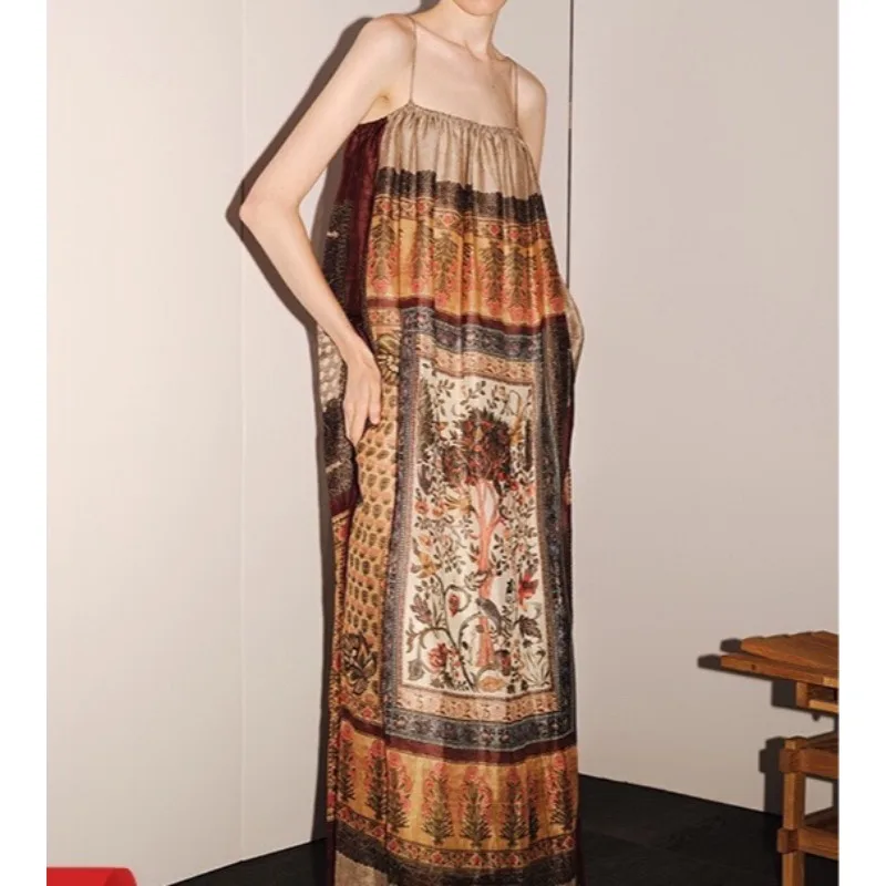 

2025 Brown Slik Suspender Classical Midi Dress High Quality