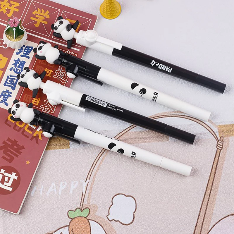 4 buah Kawaii Panda pulpen pena 0.5mm tinta hitam kreatif dapat diputar Gel pena menulis Ptools perlengkapan alat tulis kantor sekolah