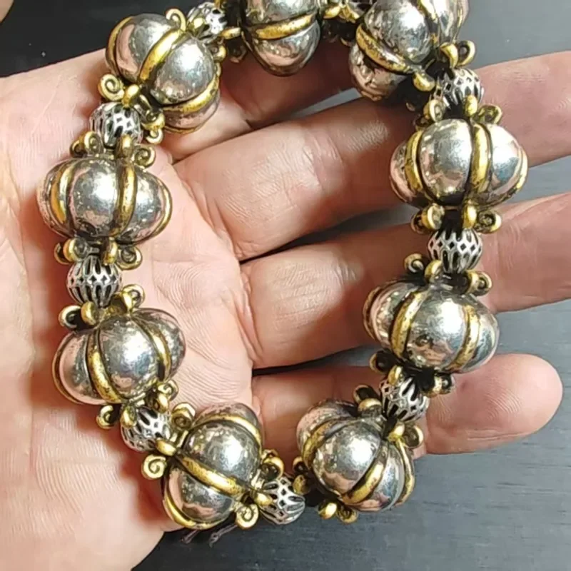 Retro Pumpkin Shape Beaded Bracelet Two-Tone Metal Hollow Spacer Detail Vintage Ladies Daily Wear Wrist Accessory