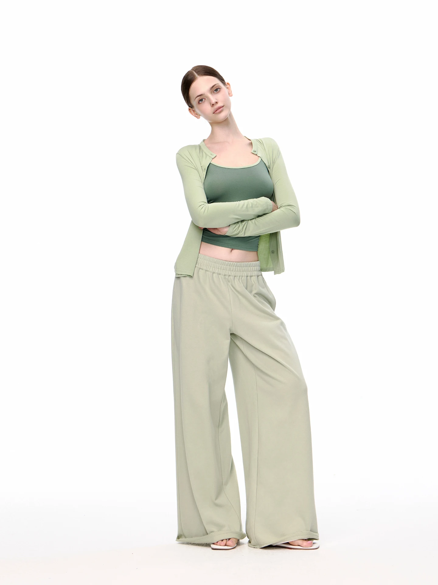 JLAUNT Green Wide Leg Pants Women's Lazy Loose Slim Straight Casual Trousers Versatile Low Waist Sweatpants Floor-Length Pants