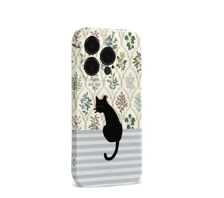 Yellow Patchwork Floral Black Cat Phone Case for IPHONE 17 Air 16E 15 PROMAX 14 Plus 13 12 MINI 11 16Plus XR Acrylic Phone Cover