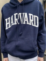 캐주얼 여성 코튼 네이비 HARVARD 자수 후디, 2023 가을 빈티지 긴팔 스웻셔츠, 여성 루즈 풀오버