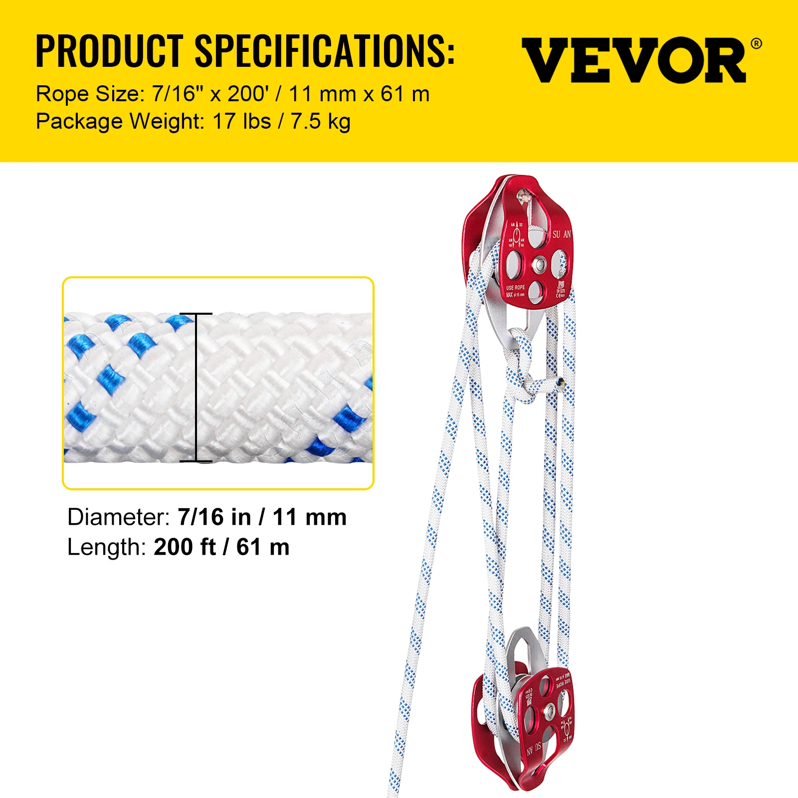 VEVOR 6600lbs 7700lbs Twin krążek bloku i walki z Heavy Duty koło pasowe 7/16 Cal podwójny oplot liny na zewnątrz na ratowanie drzewo wspinaczka