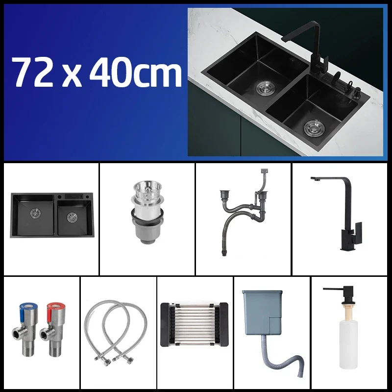 72x40cm Black Washing Basin 304 Stainless Steel Kitchen Sink with Knife Holder Vegetable Double Bowel  With Faucet Thickened