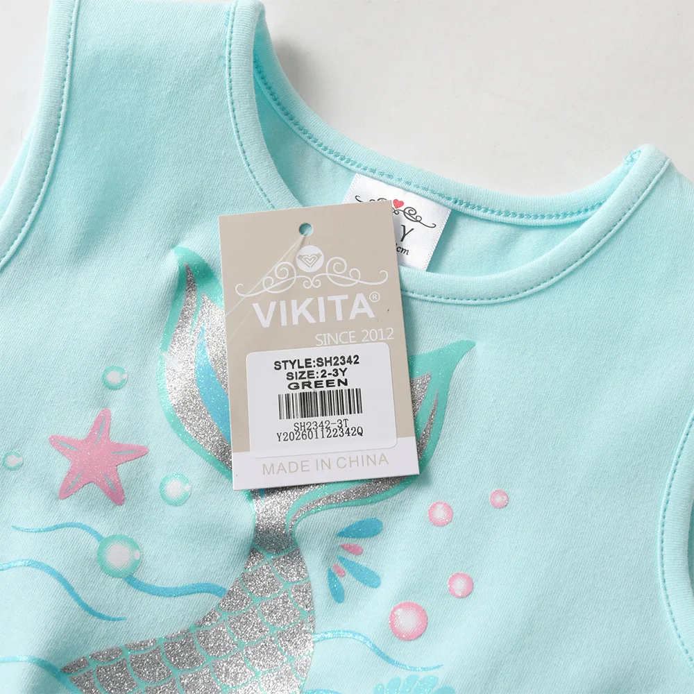 VIKITA Mädchen ärmelloses Sommerkleid mit Meerjungfrauen-Print, blau, für Kinder, mehrlagig, Prinzessin, Geburtstagsfeier, Ballkleid, elegante Tutu-Kleider – Detail 6