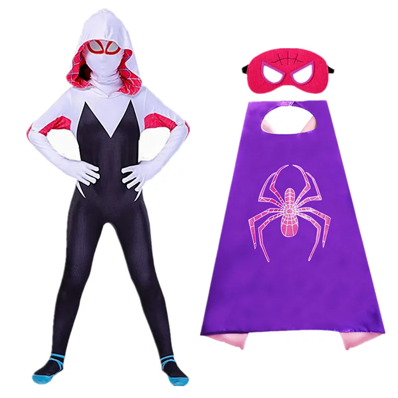 Girls Gwen Superhero Bodysuit Kids Black Costume Halloween Cosplay Jumpsuit Kids Purple Cape Dress Up Kids Masks