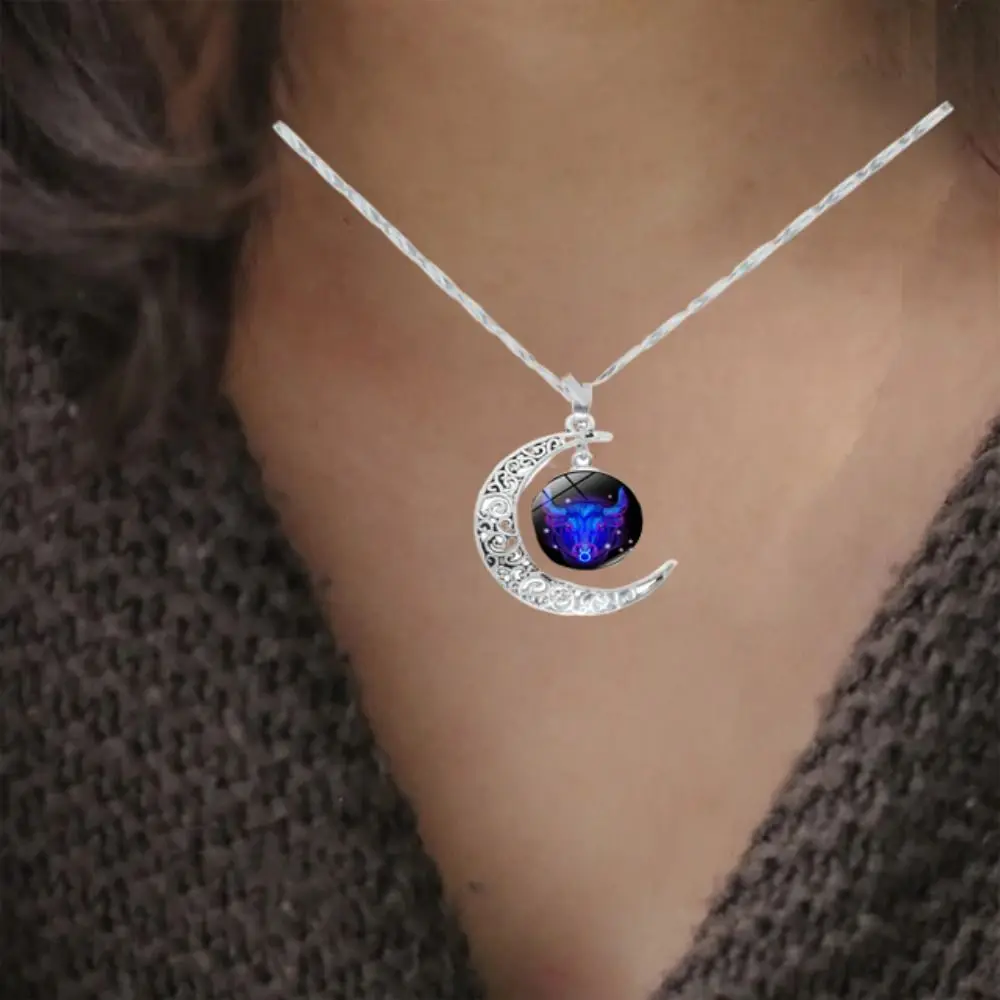 Moda 12 konstelacji naszyjnik księżyc prezenty świąteczne srebrny 12 naszyjnik zodiaku prezent urodzinowy obroża ozdoba wisiorek