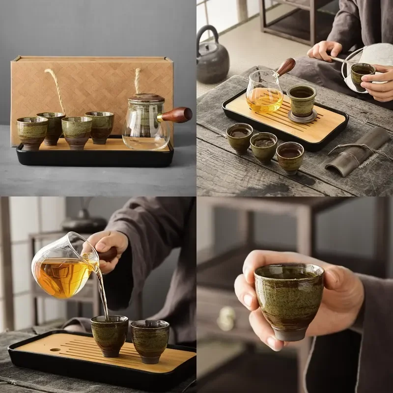 

【CHIMU HOME】 Japanese Style Side Handle Kung Fu Set for One Pot Four Cups Mini Handmade Retro Minimalist
