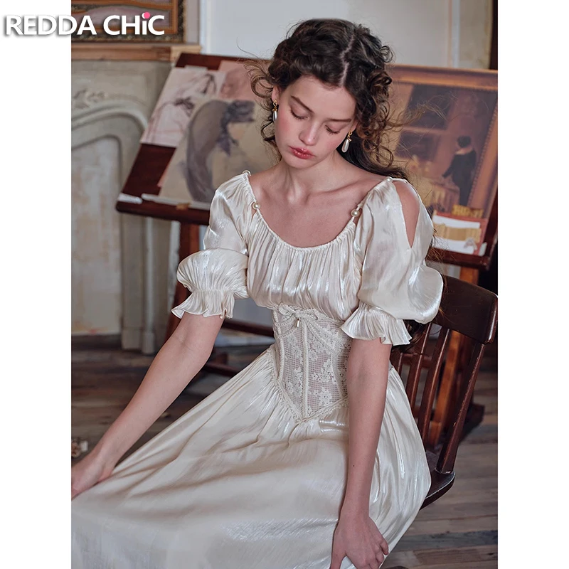 REDDACHiC 르네상스 여성 할로우 레이스 허리 트레이너 드레스 새틴 광택 퍼프 슬리브 미디 롱 드레스 파티 요정 여름 옷