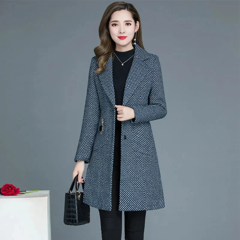 2023New Autumn Winter Woolen Coat Female Fashion Loose Mid Long Suit Collar Single Breasted Jacket Women Casual Slim Ladies Tops