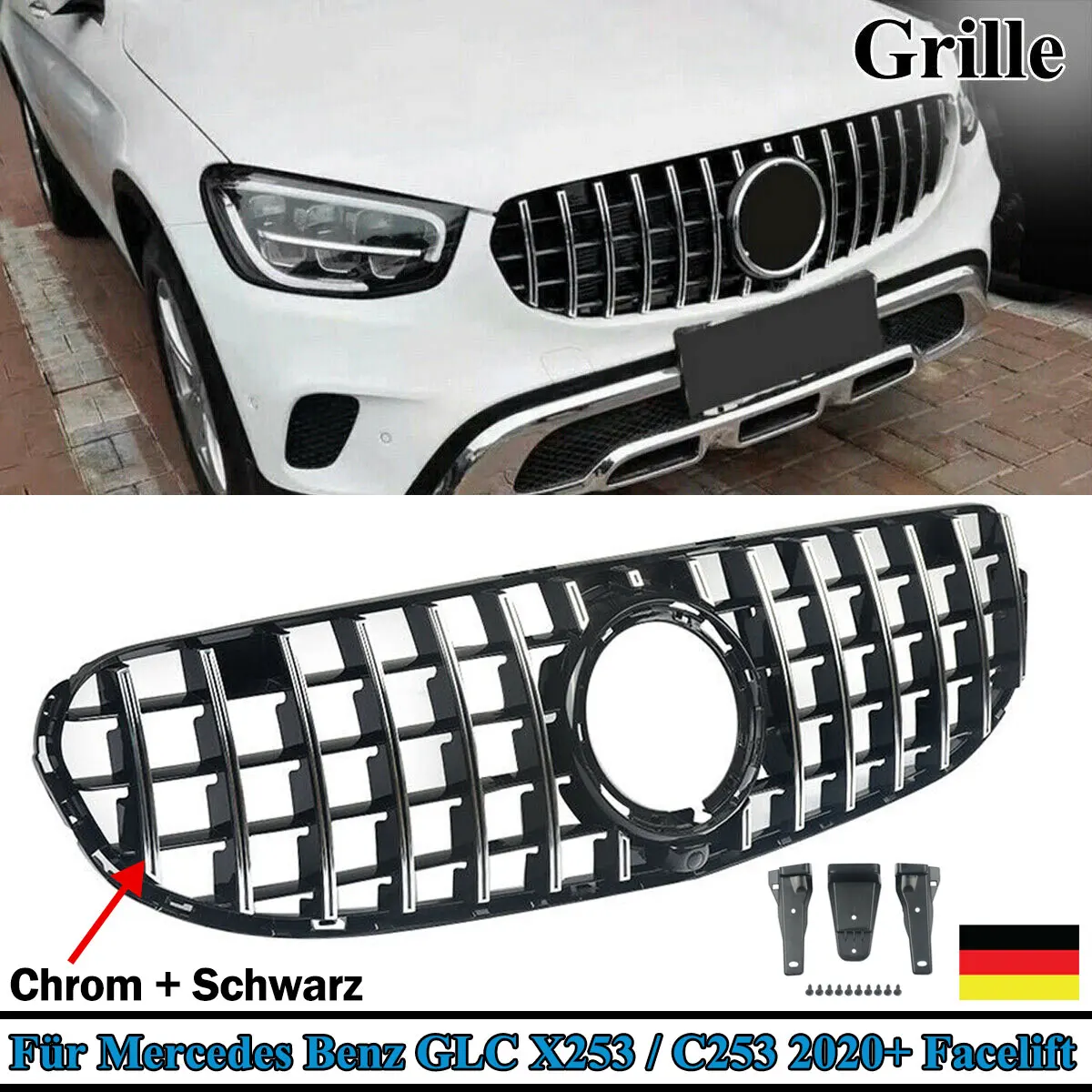 

Front Racing Grille replace For Mercedes Benz X253 GLC300 GLC300e GLC43 Base Sport 4-Door 2020-2023 Chrome Black bumper grill
