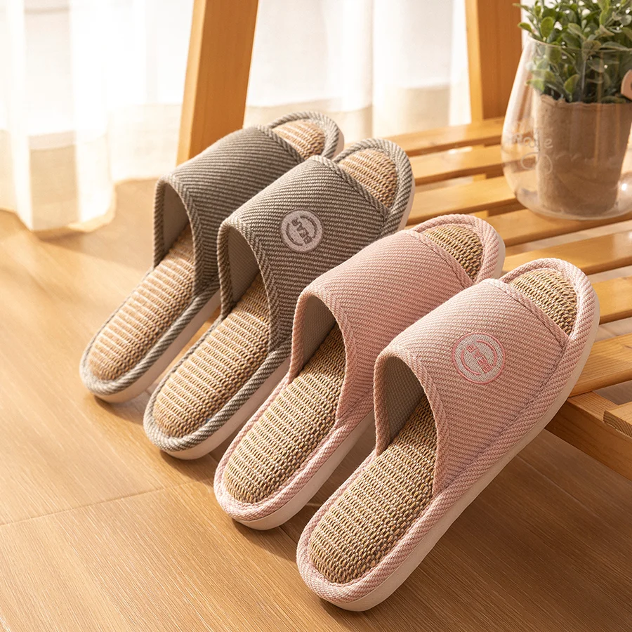 Linen Slippers Indoor Home Breathable Women Men Slides Linen Couples Anti-slip Shoes Beach Sandals Shoes Comfortable Flats