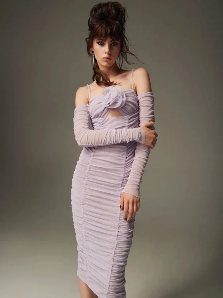 

Elegant Lavender Off Shoulder Long Sleeves Midi Dress with Flower Design for Women Fall Bodycon Evening Party Gown with Folds