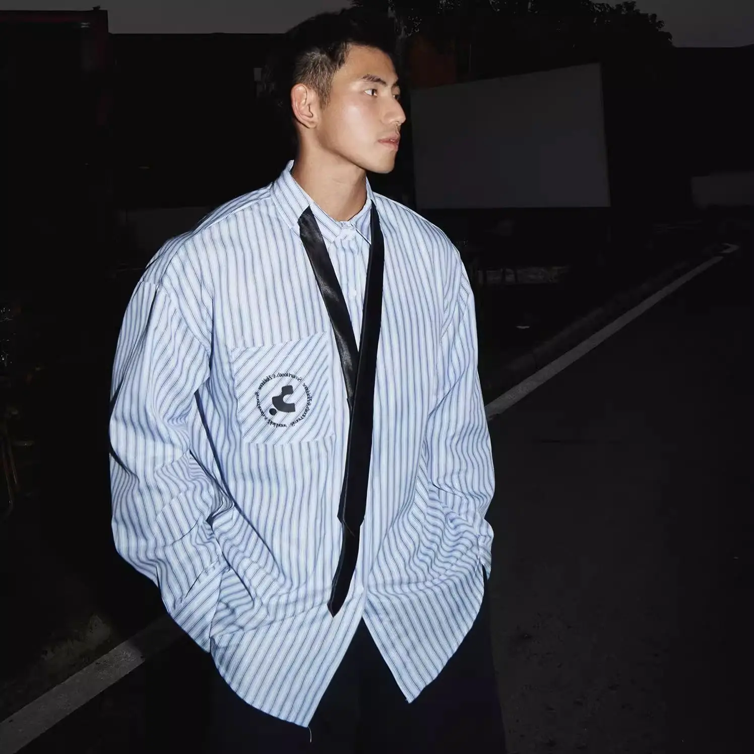 

American casual embroidered long-sleeved striped shirt ins men's loose retro handsome design tie shirt trendy brand