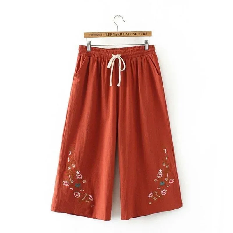 Women's Cotton And Linen Wide-Leg Pants Embroidery Summer Loose Straight Casual Pants Plus Size Capris Trousers 4XL C498