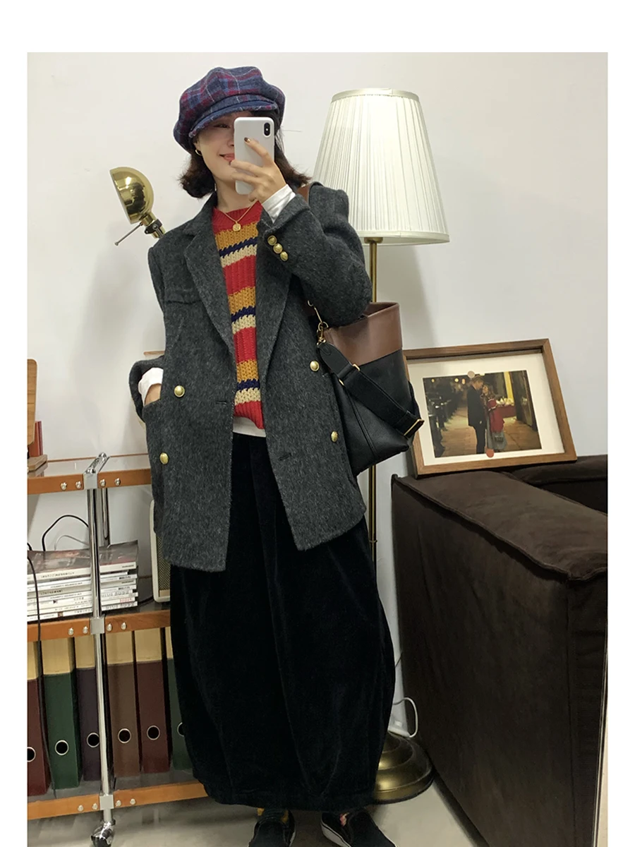 

Bla ey Woolen Coat Loose Fit Suit Collar ort Length Commute Sle Women's Premium Faion Winter Outerwear