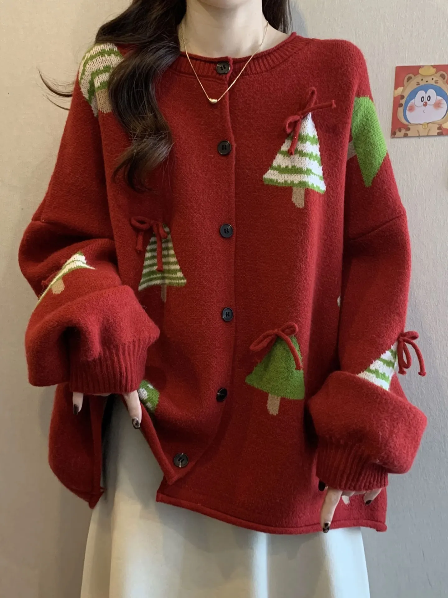 

Red Long Sve Knitted Sweater Coat Women's Loose Fit Mid-Length Casual Sle Autumn Winter plus Size Faionable Outerwear