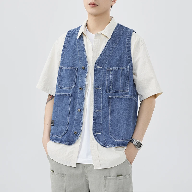 Cool 100% Cotton Denim American Workwear Vest Men's Outdoor Camping Spring Autumn Vest Coat 24ss Y2k Youth Male Vintage Cityboy