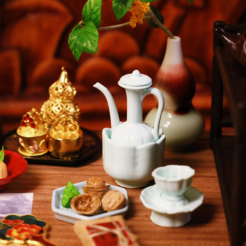 Dollhouse Mini Chinese Ancient Style Imitation Song Dynasty Celadon Hand-held Teapot Tea Cup Model Dollhouse Kitchen Accessories