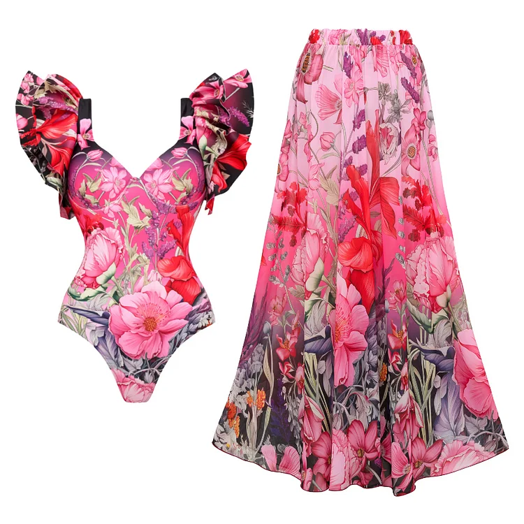 

2024 Women Swimwear Ruffled Blooming Flowers Print One Piece Swimsuit and Skirt Beachwear bikini Two piece Bathing Suit