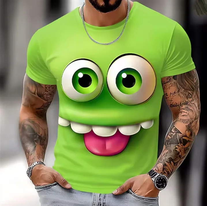 Men's casual short sleeve t-shirt with unique expression print - breathable polyester, crew neck, perfect for summer outings