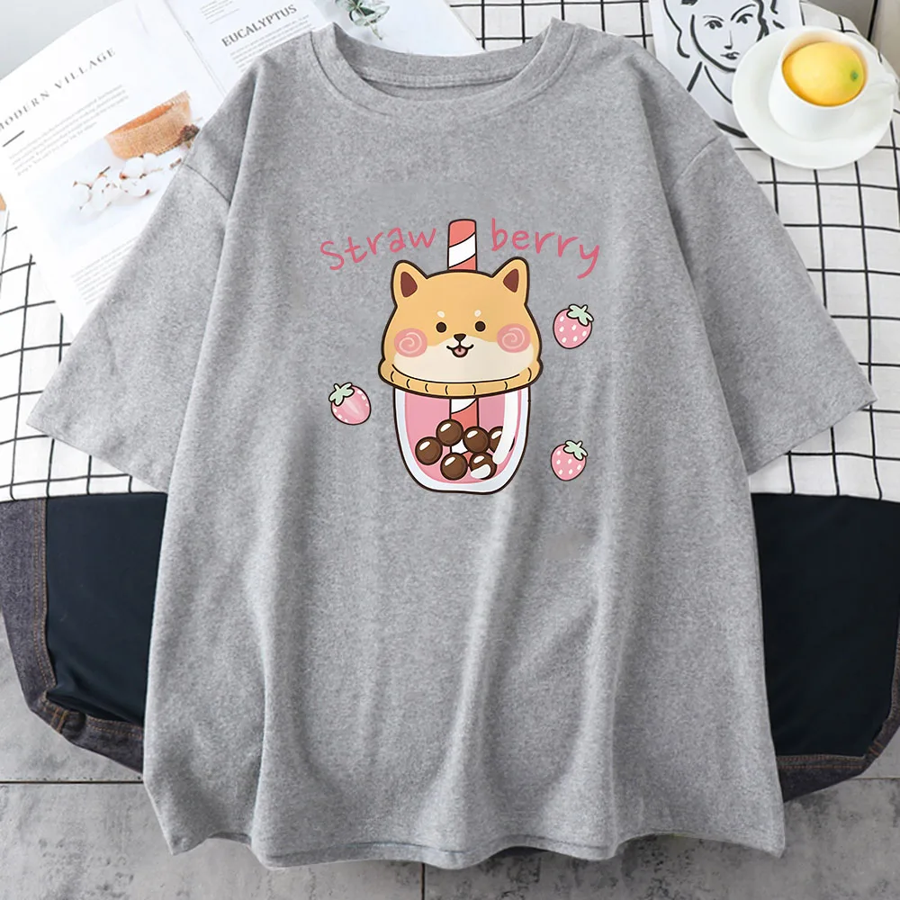 Strawberry Milk Cartoon Printing Tee-shirt Short Sleeve Cotton Soft T-shirts Spring Casual Ropa Mujer Girls Kawaii Graphic Print