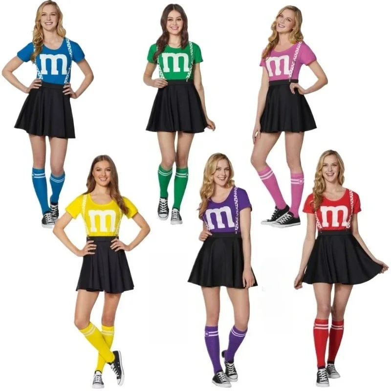 

Sweet M&M Cheerleader Cosplay Costume 6 Colors M Letter Outfits for Women School Sports Day Stage Performances Halloween Party