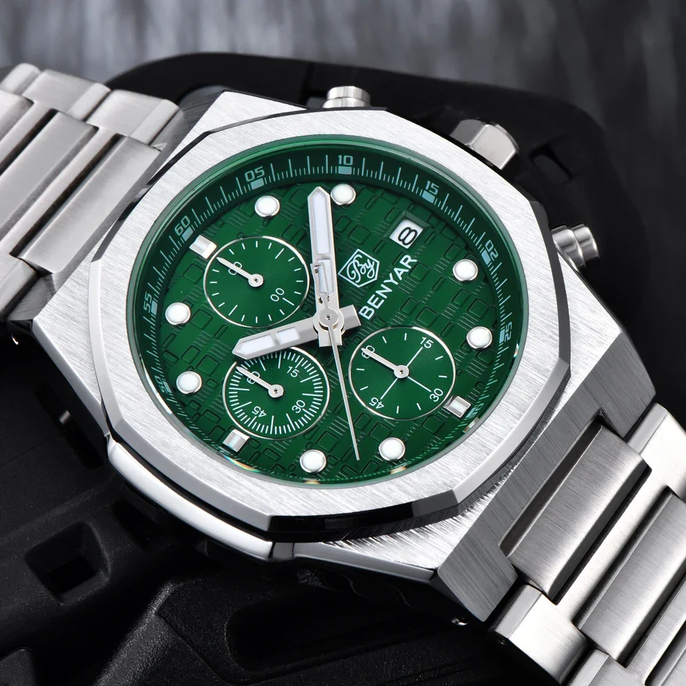 

2026 New BENYAR Mens Watches Top Luxury Quartz Watch For Man Sports Chronograph Waterproof Luminous Stainless Steel Men Gift Box