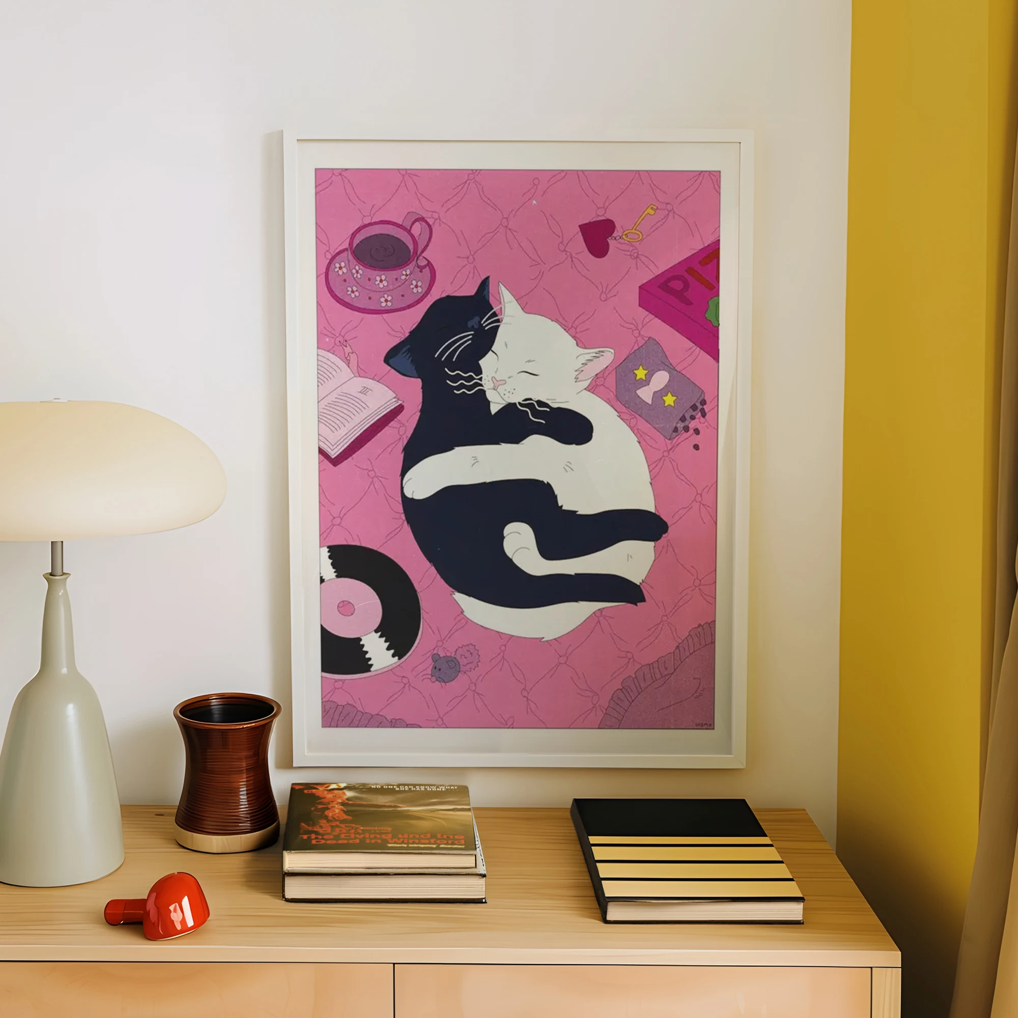 Modern Pink Background Cat Hugging Wall Art Print Canvas Painting Poster Picture For Living Room,Bedroom Home Decor