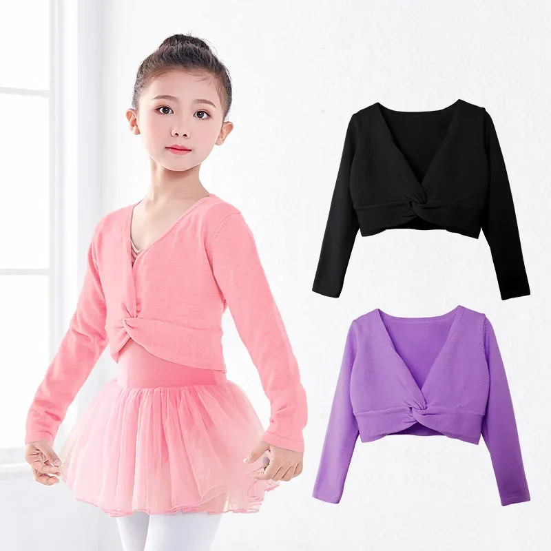 Sweter do tańca dla dziewczynek sweter baletowy Wrap baletowe krótkie bluzki nastoletni gimnastyczny sweter trykotowy sweter z długim rękawem